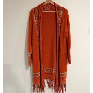Boho Fringe Chunky Knit Cardigan Womens M Orange Oversized Cozy Indie Festival